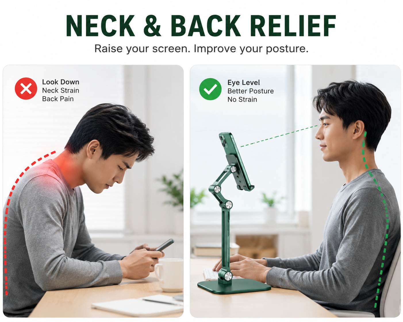Adjustable Aluminum Phone Stand for Desk, Foldable Cell Phone Holder for iPhone, Android & iPad, Height Adjustable Tablet Stand with Stable Metal Base