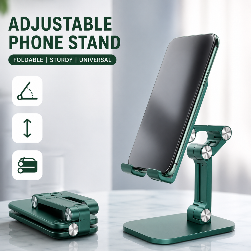 Adjustable Aluminum Phone Stand for Desk, Foldable Cell Phone Holder for iPhone, Android & iPad, Height Adjustable Tablet Stand with Stable Metal Base