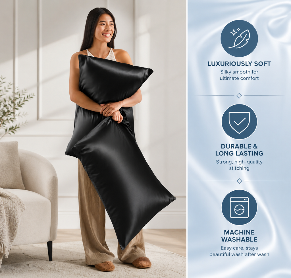 Satin Pillowcase Black Silky Soft Pillow Cover for Hair Skin Anti Frizz