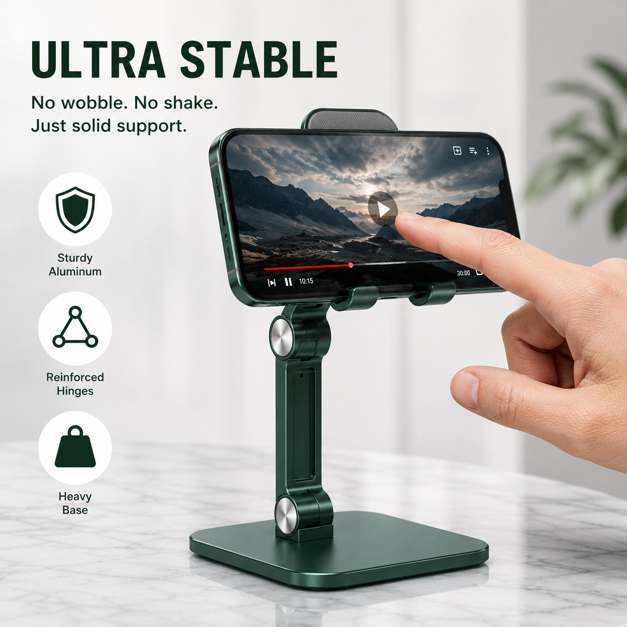 Adjustable Aluminum Phone Stand for Desk, Foldable Cell Phone Holder for iPhone, Android & iPad, Height Adjustable Tablet Stand with Stable Metal Base
