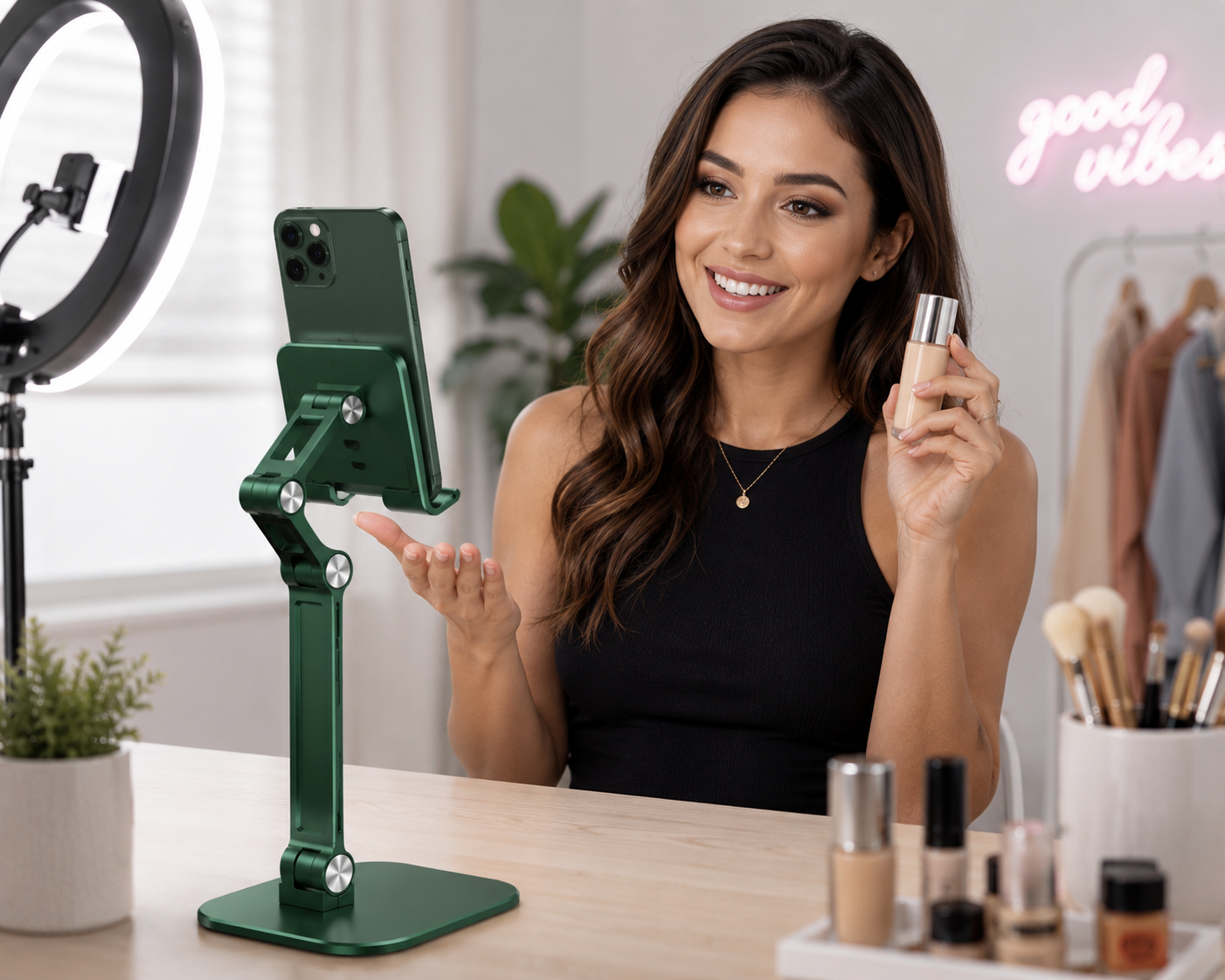 Adjustable Aluminum Phone Stand for Desk, Foldable Cell Phone Holder for iPhone, Android & iPad, Height Adjustable Tablet Stand with Stable Metal Base