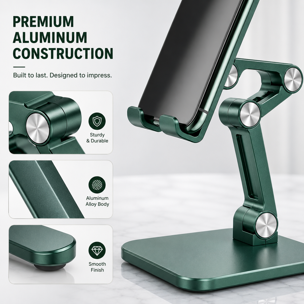 Adjustable Aluminum Phone Stand for Desk, Foldable Cell Phone Holder for iPhone, Android & iPad, Height Adjustable Tablet Stand with Stable Metal Base