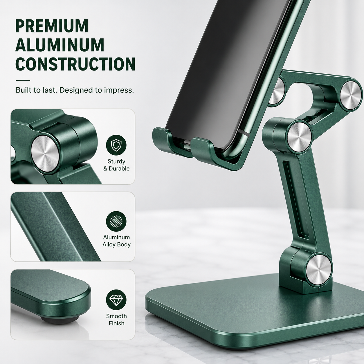 Adjustable Aluminum Phone Stand for Desk, Foldable Cell Phone Holder for iPhone, Android & iPad, Height Adjustable Tablet Stand with Stable Metal Base