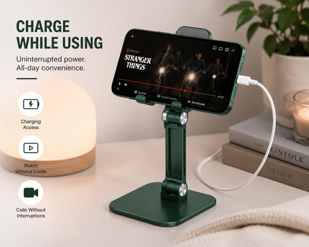 Adjustable Aluminum Phone Stand for Desk, Foldable Cell Phone Holder for iPhone, Android & iPad, Height Adjustable Tablet Stand with Stable Metal Base