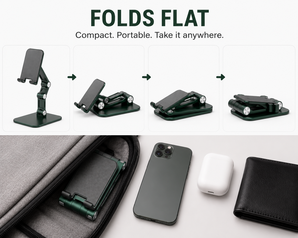 Adjustable Aluminum Phone Stand for Desk, Foldable Cell Phone Holder for iPhone, Android & iPad, Height Adjustable Tablet Stand with Stable Metal Base