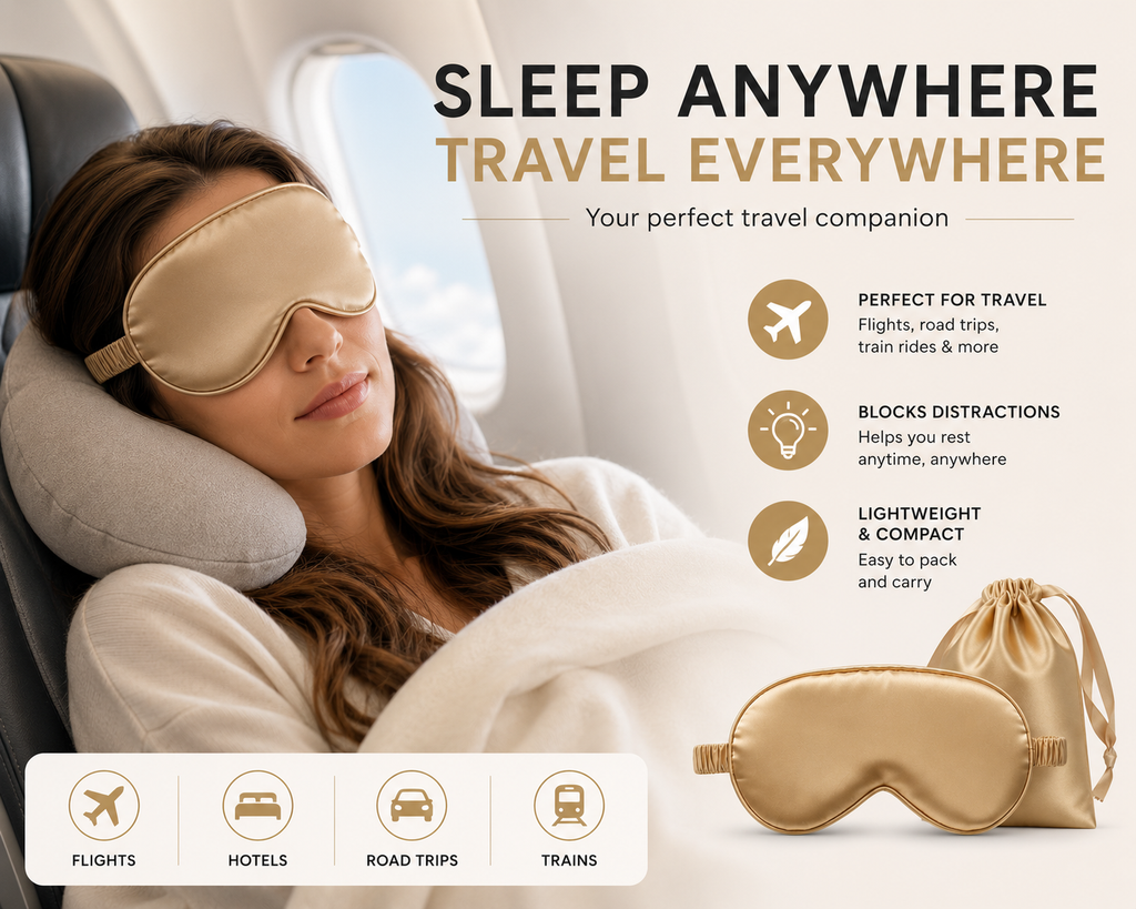 Luxury Satin Sleep Eye Mask with Matching Travel Pouch, Soft Blackout Sleeping Mask for Women & Men, Silk Feel Blindfold for Travel, Airplane, Naps, Relaxation & Night Sleep