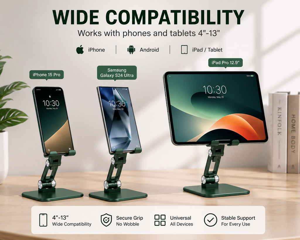 Adjustable Aluminum Phone Stand for Desk, Foldable Cell Phone Holder for iPhone, Android & iPad, Height Adjustable Tablet Stand with Stable Metal Base