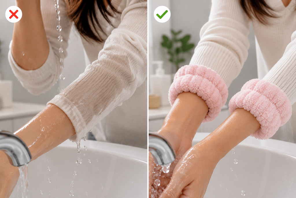 Face Washing Wristbands 2 Pack, Ultra Absorbent Skincare Wrist Towels, Soft Plush Water Catching Wristbands for Washing Face, Keep Sleeves Dry, Reusable Machine Washable Makeup & Beauty Wristbands