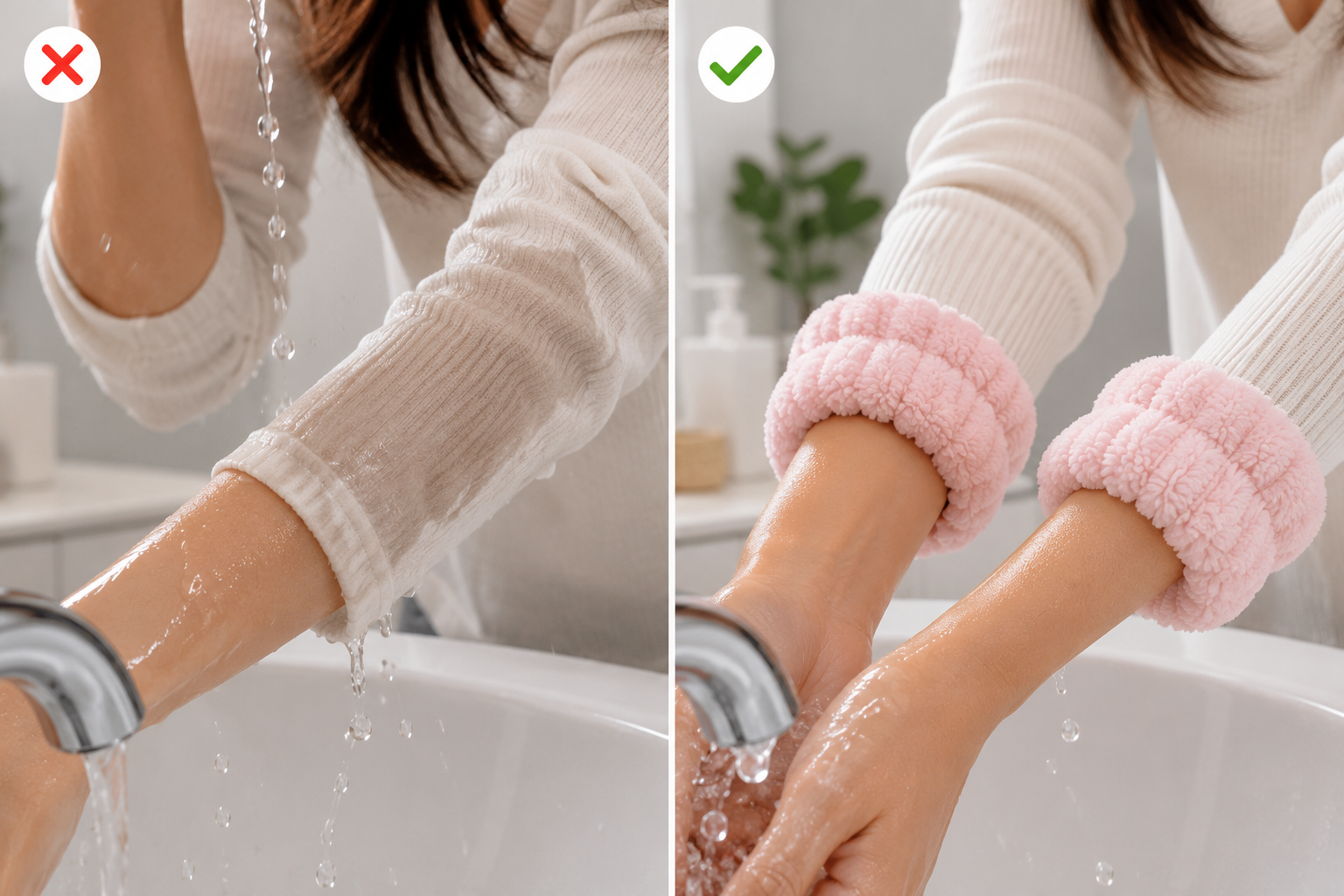 Face Washing Wristbands 2 Pack, Ultra Absorbent Skincare Wrist Towels, Soft Plush Water Catching Wristbands for Washing Face, Keep Sleeves Dry, Reusable Machine Washable Makeup & Beauty Wristbands
