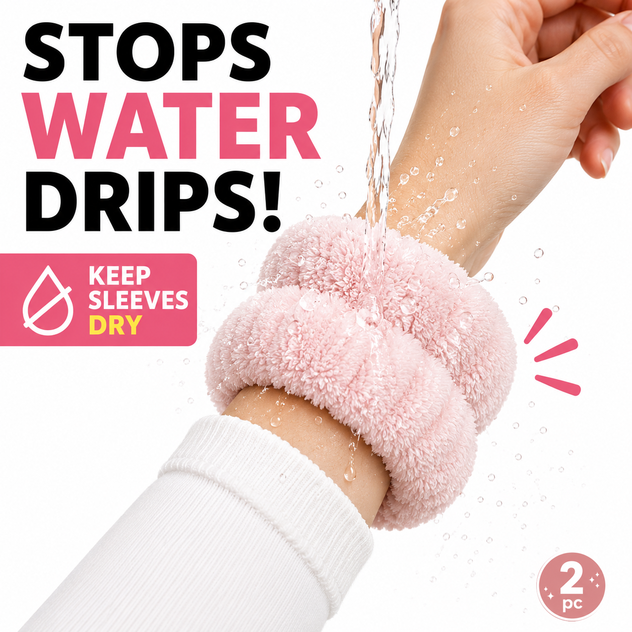 Face Washing Wristbands 2 Pack, Ultra Absorbent Skincare Wrist Towels, Soft Plush Water Catching Wristbands for Washing Face, Keep Sleeves Dry, Reusable Machine Washable Makeup & Beauty Wristbands